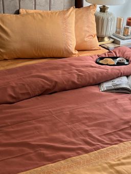 Sadyaska - Honey Mustard Terracotta Delight Cotton Embroidered Duvet Cover (Super King)