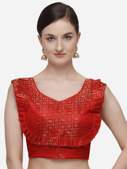 Amrutam Fab - Womens Printed Red Jacquard Stiched Blouse With V Neck
