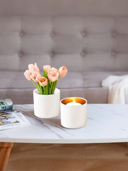 Ekhasa - Ceramic Canister Set with Wooden Spoon, White (Pack of 2)