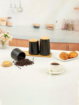 Ekhasa - Black Ceramic Jar Set with Bamboo Lid (Pack of 3)