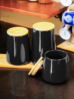 Ekhasa - Black Ceramic Jar with Bamboo Lid & Tray (Pack of 3)