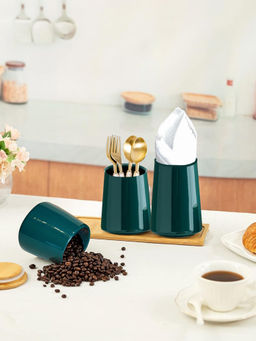 Ekhasa - Green Ceramic Jar Set with Bamboo Lid (Pack of 3)