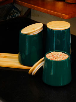 Ekhasa - Green Ceramic Jar Set with Bamboo Lid & Tray (Pack of 3)