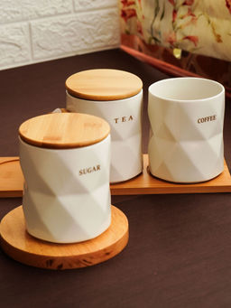 Ekhasa - White Ceramic Jar with Bamboo Lid & Tray (Pack of 4)