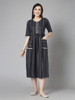 Stylum - Womens Woven Striped Design Cotton Blend Pleated Dress