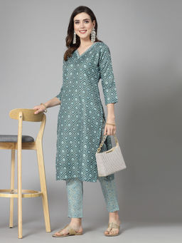 Stylum - Womens Printed Cotton Blend Straight Kurta with Pant-Turquoise (Set of 2)