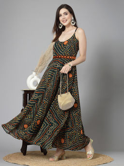 Stylum - Womens Bandhej Printed Georgette Flared Long Dress-Green (Set of 2)