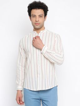 Fabindia - Off White Chinese Collar Stripe Cotton Slim Fit Shirt