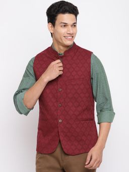 Fabindia - Maroon Cotton Dobby Slim Fit Waist Length Jacket