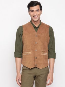 Fabindia - Brown Cotton Striped Slim Fit Vest
