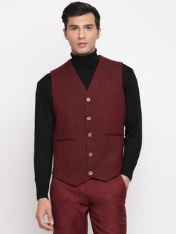Fabindia - Red Wool Woven Slim Fit Vest