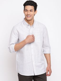 Fabindia - Grey Linen Striped Waist Length Regular Shirt
