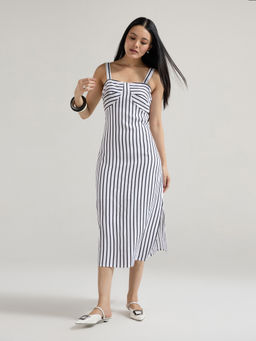 Twenty Dresses by Nykaa Fashion - White Strappy Fit And Flare Striped Midi Dress