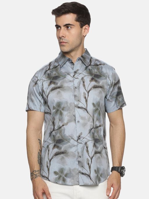 MELVIN JONES Powder Blue Leaf Printed Shirt