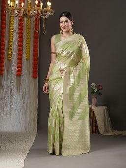 Akhilam - Womens Organza Light Green Woven Design Designer Saree with Unstitched Blouse