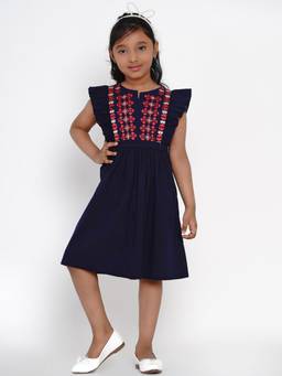 BITIYA BY BHAMA - Girls Ethnic Navy Blue Embroidered A-Line Dress