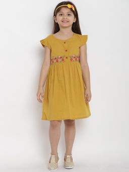 BITIYA BY BHAMA - Girls Ethnic Mustard Floral A-Line Dress