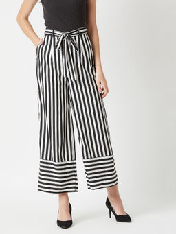 Miss Chase - Women Black & White Striped Wide Leg Belted Regular Length Trouser