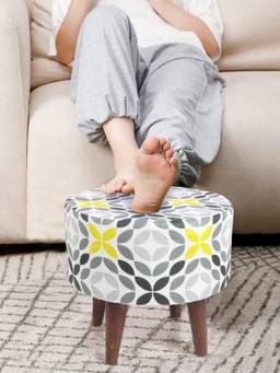 The Home Co - Round Printed Pouffe - Grey , White & Yellow