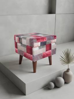 The Home Co - Square Printed Velvet With Storage Pouffe - Maroon Black & White
