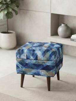 The Home Co - Square Printed Velvet With Storage Pouffe - Blue & Grey
