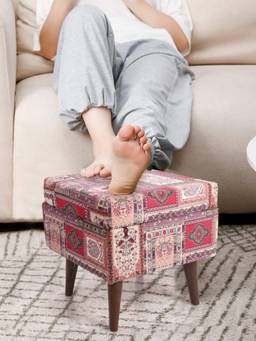 The Home Co - Square Printed Velvet With Storage Pouffe - Maroon & Grey
