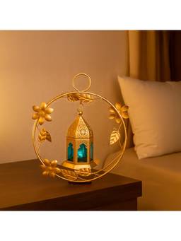 Voncasa - Gold-Toned & Blue Leaf Ring Candle Holder