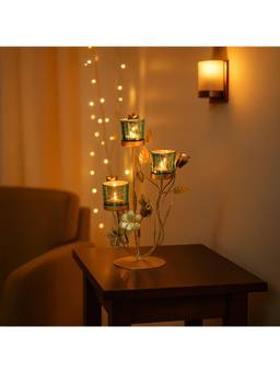 Voncasa - Gold-Toned & Blue Leaf Shape Candle Holder