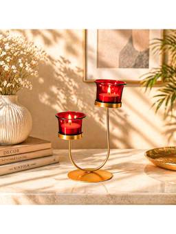 Voncasa - Gold-Toned & Red U-Shaped 2 Votive Candle Holder