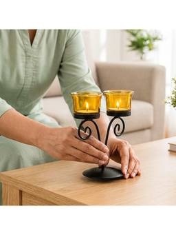 Voncasa - Black & Gold-Toned Swirl Glass Candle Holder