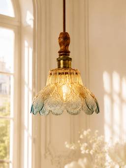 Homesake - Petal Scalloped Glass Hanging Light With Solid Wood Top Blue