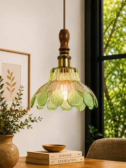 Homesake - Petal Scalloped Glass Hanging Light With Solid Wood Top Green