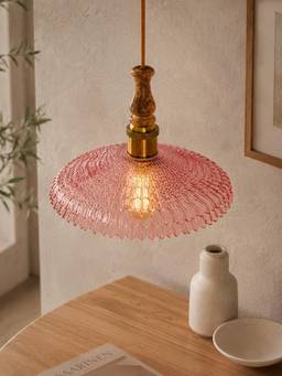 Homesake - Ripple Scalloped Glass Hanging Light With Solid Wood Top Pink