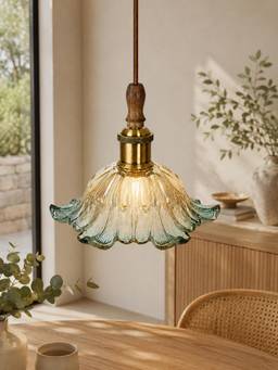 Homesake - Tulip Scalloped Glass Hanging Light With Solid Wood Top Pink