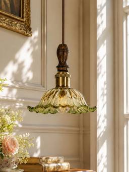 Homesake - Tulip Scalloped Glass Hanging Light With Solid Wood Top Green