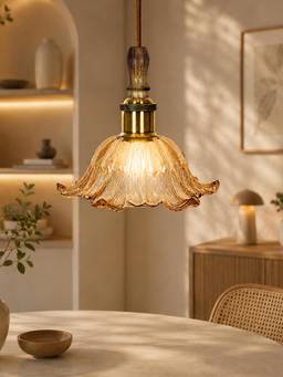 Homesake - Tulip Scalloped Glass Hanging Light With Solid Wood Top Amber Yellow