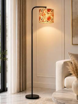 Homesake - Modern Standing Lamp With Linen Fabric Shade And Black Metal Frame Red Bird Shade