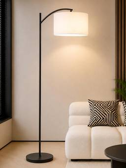 Homesake - Modern Standing Lamp With Linen Fabric Shade And Black Metal Frame Khadi