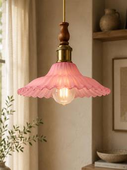 Homesake - Petalia Frosted Glass Pendant Light With Antique Gold Holder, Wooden Top Pink Frost