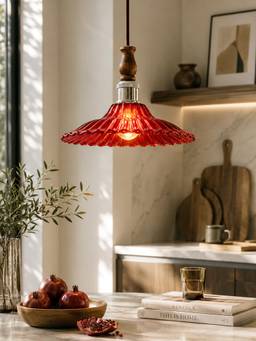 Homesake - Petalia Vintage Fluted Glass Pendant Light With Wooden Top, Nickel Holder Red