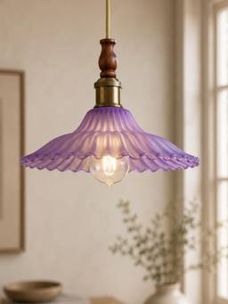 Homesake - Petalia Frosted Glass Pendant Light With Antique Gold Holder, Wooden Top Green Frost