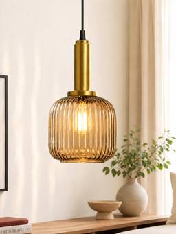 Homesake - Amber Ribbed Glass Hanging Antique Brass Ceiling Lamp