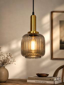 Homesake - Smoked Ribbed Glass Hanging Antique Brass Ceiling Lamp