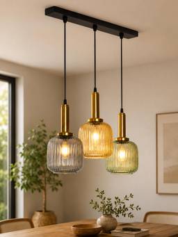 Homesake - Ribbed Glass Hanging Pendant Antique Brass Ceiling Lamp, Round Plate Multi-Color
