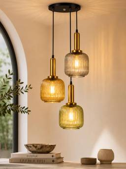 Homesake - Ribbed Glass Hanging Pendant Antique Brass Ceiling Lamp, Round Plate Multi-Color