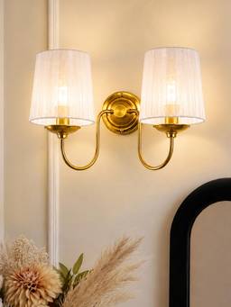 Homesake - Brass Gold Double Wall Light With Pleated Fabric Shades E27 Holder White