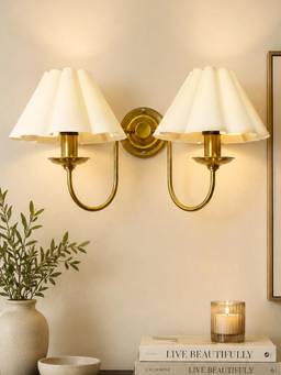 Homesake - Brass Gold Double Wall Light With Pleated Fabric Shades E27 Holder White