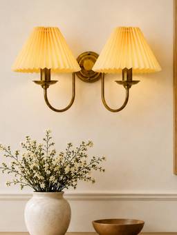 Homesake - Brass Gold Double Wall Light With Pleated Fabric Shades E27 Holder Off White