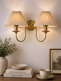 Homesake - Brass Gold Double Wall Light With Pleated Fabric Shades E27 Holder Off White