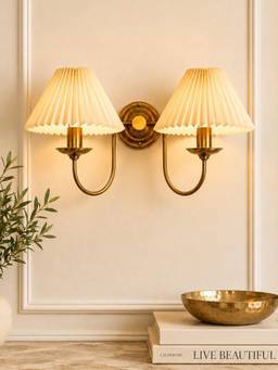 Homesake - Brass Gold Double Wall Light With Pleated Fabric Shades E27 Holder Off White